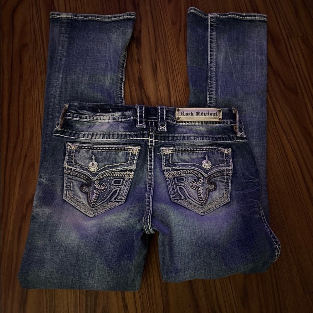 Rock Revival Distressed Blue Jeans with Embroidered Pockets - Picture 2 of 4